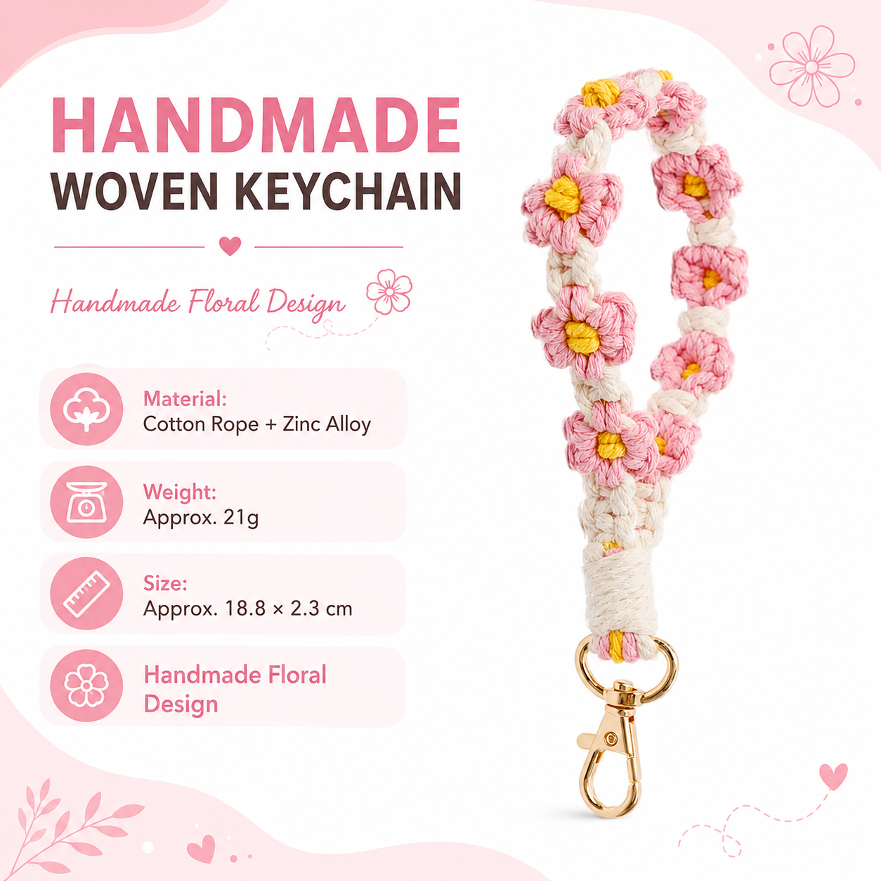 Pink Boho Daisy Handmade Braided Wrist Strap Keychain – Floral Crochet Keyring with Zinc Alloy Hook (Lightweight 21g Travel & Fashion Accessory)