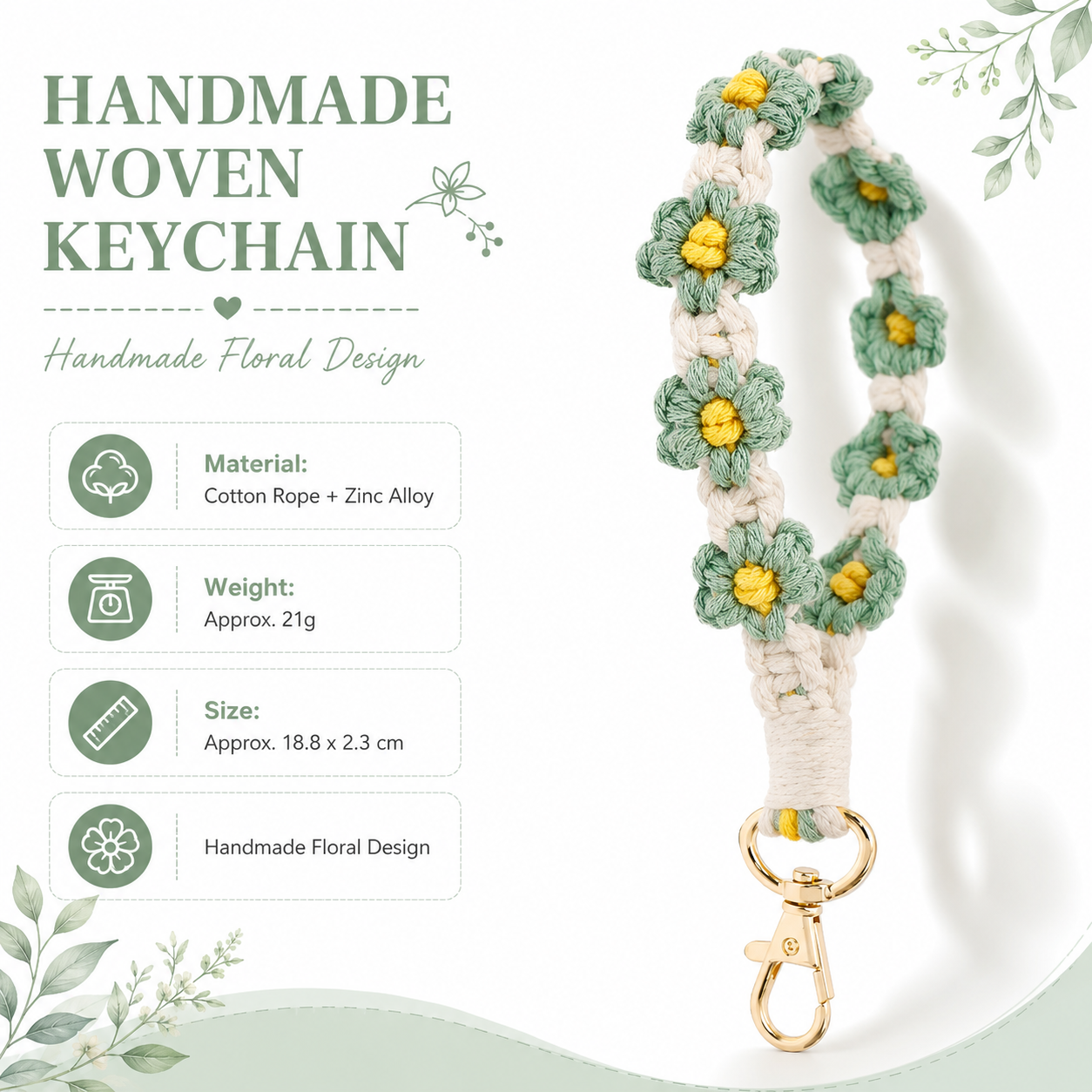 Green Boho Daisy Handmade Braided Wrist Strap Keychain – Floral Crochet Keyring with Zinc Alloy Hook (Lightweight 21g Travel & Fashion Accessory)