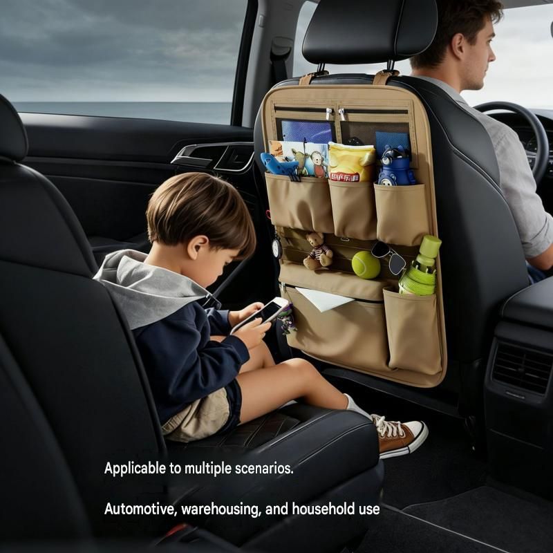 Brown Car Seat Back Organizer - 210D Oxford Cloth, Water-Resistant & Multi-Pocket Design - Space-Saving Storage for Cars, Camping & Home Use