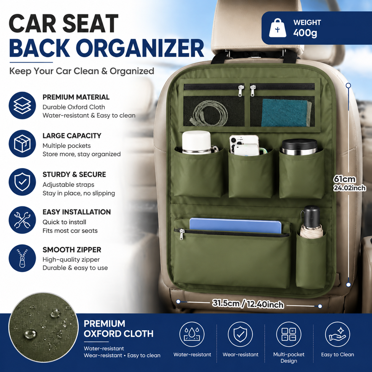 Green Car Seat Back Organizer - 210D Oxford Cloth, Water-Resistant & Multi-Pocket Design - Space-Saving Storage for Cars, Camping & Home Use