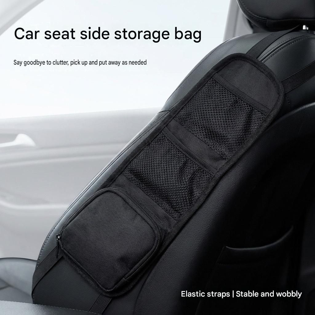 Black Universal Car Seat Side Storage Organizer - Oxford Cloth Mesh Hanging Bag with Zipper Pocket for Phone and Essentials, Slim Fit Auto Interior Tidy