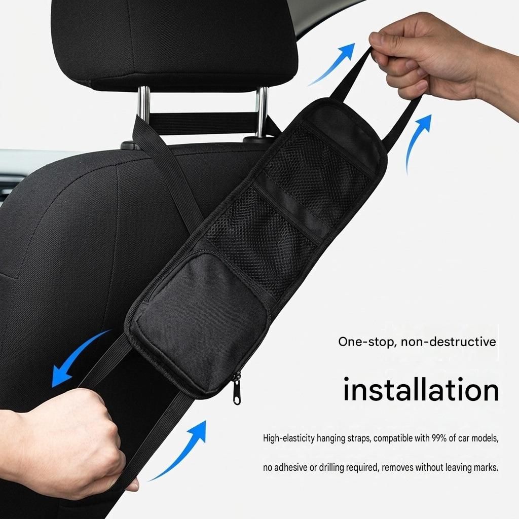 Black Universal Car Seat Side Storage Organizer - Oxford Cloth Mesh Hanging Bag with Zipper Pocket for Phone and Essentials, Slim Fit Auto Interior Tidy