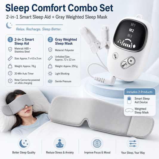 Home and Travel Sleep Aid Bundle - White Dual Mode CES Microcurrent Sleep Aid  Device and Grey Gravity Eye Mask, USB Rechargeable Handheld and Ear Clip Unit, 72cm Light Blocking Polyester Cover for Deep Rest and Travel