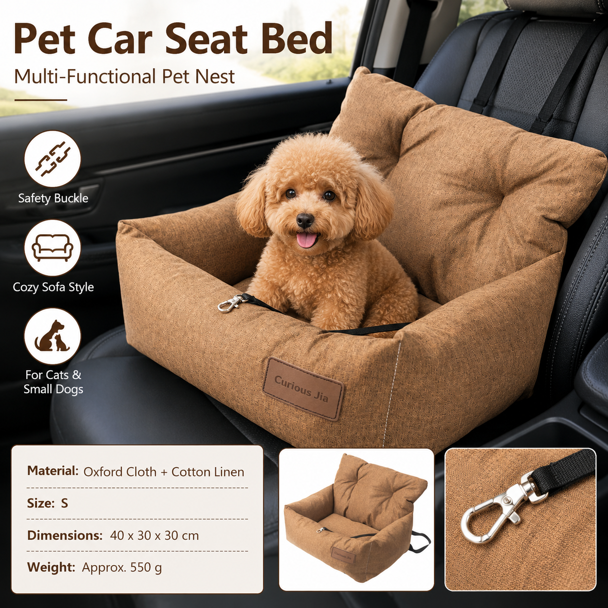 Yellow S Size 40x30cm Car pet bed -Oxford Linen Removable Washable Non-Slip Sofa Bed for Small Dogs Cats Indoor Travel Use