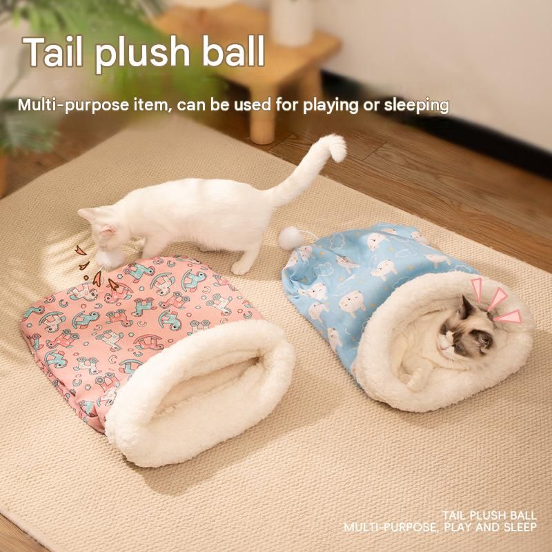 Cat Sleeping Bag - Blue Cotton Plush 40 x 50 cm Cosy Cave Bed with Wraparound Warmth, Soft Pet Nest for Indoor Cats and Small Dogs