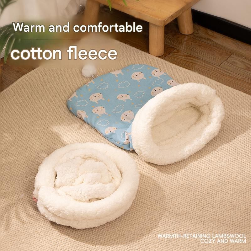 Cat Sleeping Bag - Blue Cotton Plush 40 x 50 cm Cosy Cave Bed with Wraparound Warmth, Soft Pet Nest for Indoor Cats and Small Dogs
