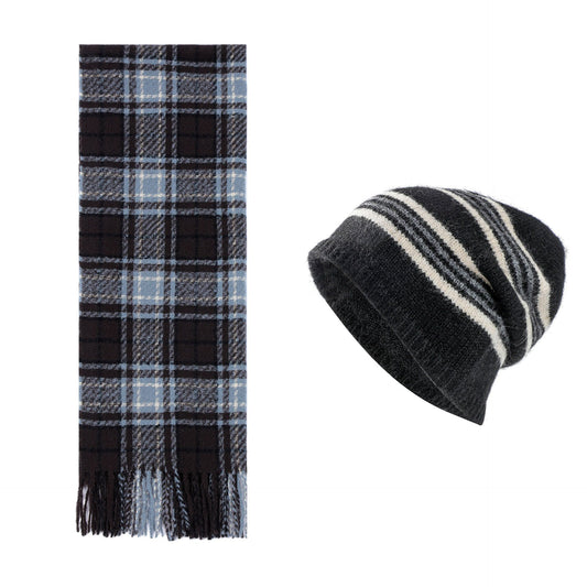 Black + Blue Striped Wool-Blend Beanie & Plaid Fringed Scarf Set — Soft Knit Hat (36 x 26 cm) and Oversized Shawl (200 x 65 cm); A Must-Have for Christmas and Cold Weather