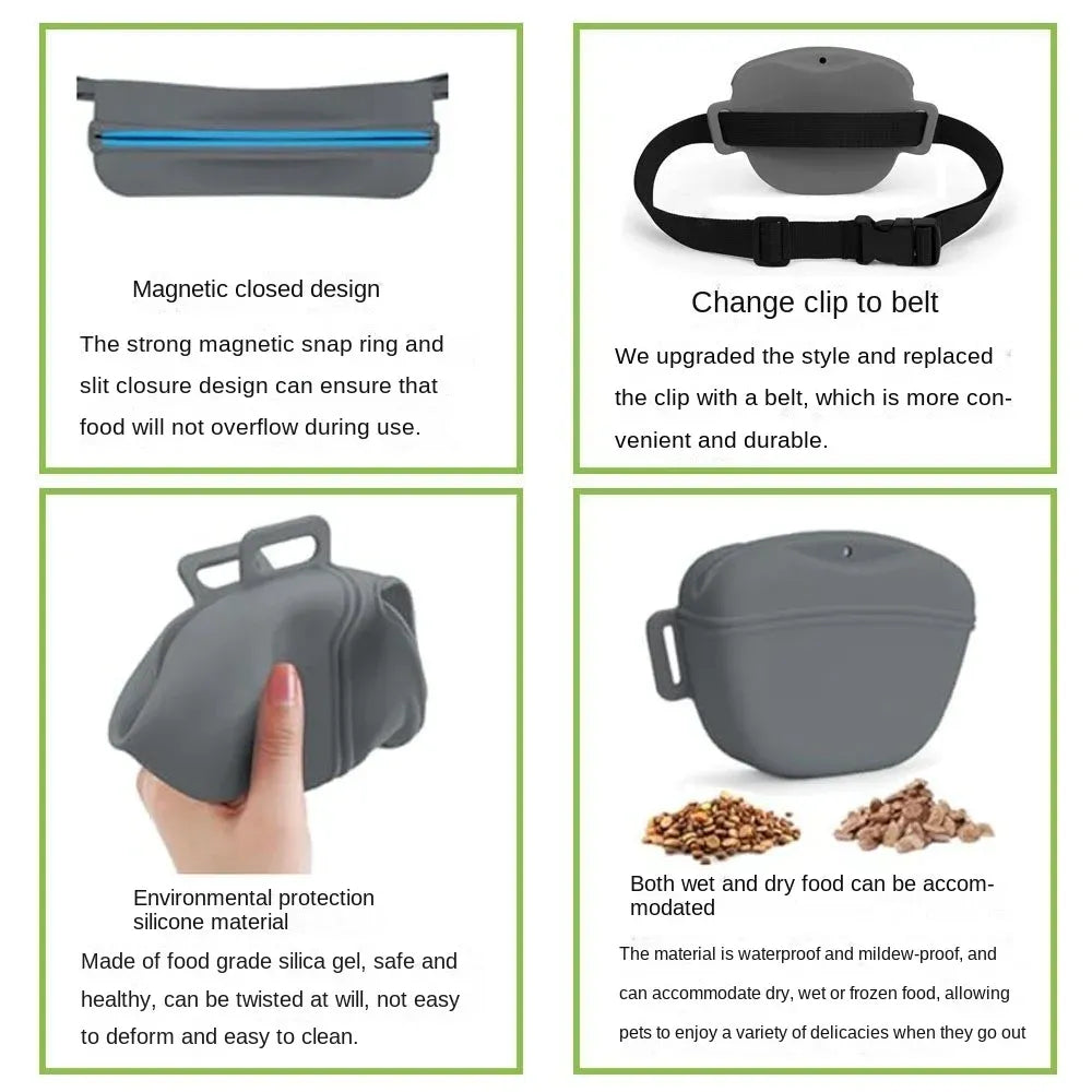 Pink Silicone Dog Training Treat Pouch with Adjustable Waist Belt Hands-Free Pet Reward Bag for Outdoor Walks