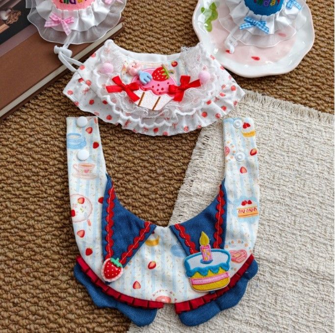 Size S Blue Pet Birthday Party Supplies Strawberry Cake Bib and Hat Set Cat Dog Costume Photo Shoot Outfit