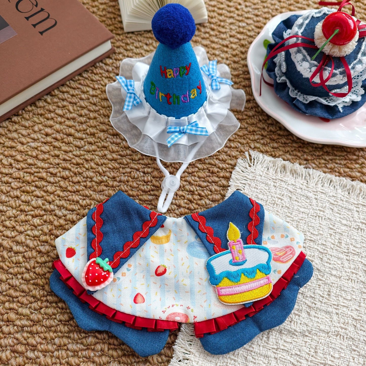 Size L Blue Pet Birthday Party Supplies Strawberry Cake Bib and Hat Set Cat Dog Costume Photo Shoot Outfit