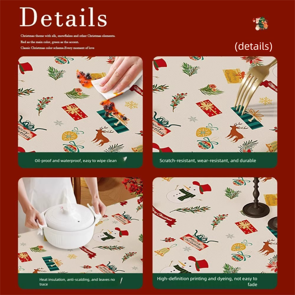 Christmas Waterproof Tablecloth (Reindeer Design) 140 x 200cm — Red festive dining tablecloth; oil-resistant and reusable; home décor that creates a holiday atmosphere.