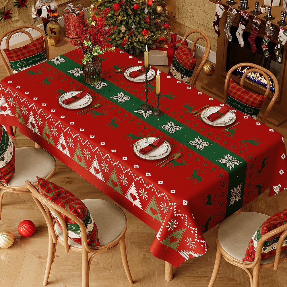 Christmas Waterproof Tablecloth (Reindeer Design) 140 x 140cm — Red festive dining tablecloth; oil-resistant and reusable; home décor that creates a holiday atmosphere.