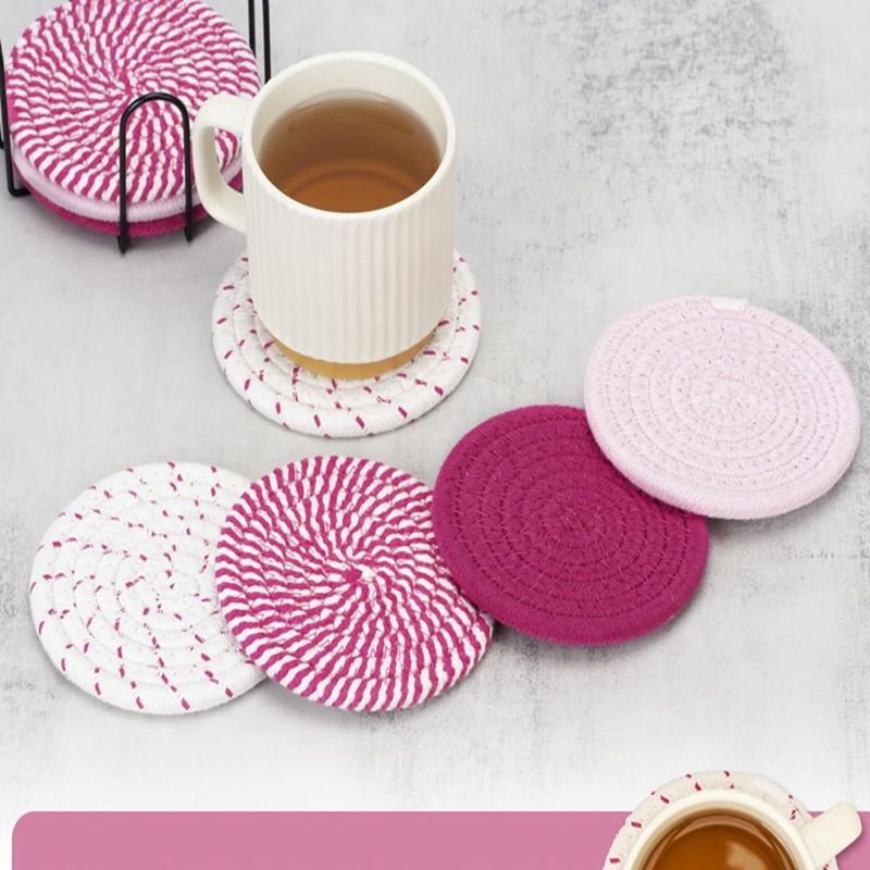 Pink series 8 Piece Handmade Braided Cotton Coasters Set with Holder 4.3 Inch Round Absorbent Drink Coasters Heat Resistant Table Protection Cup Mats for Home Kitchen