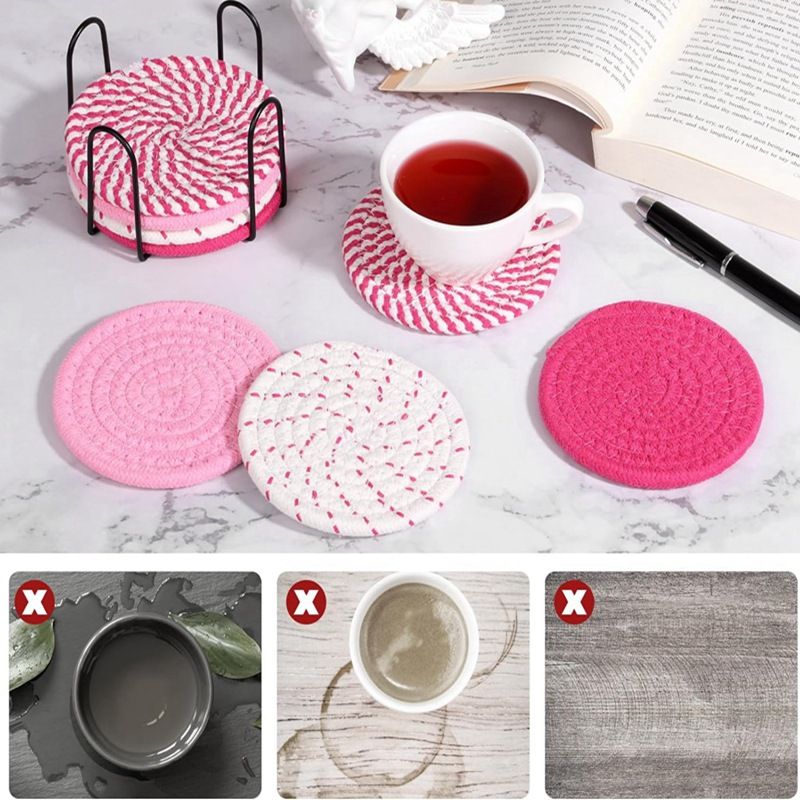 Pink series 8 Piece Handmade Braided Cotton Coasters Set with Holder 4.3 Inch Round Absorbent Drink Coasters Heat Resistant Table Protection Cup Mats for Home Kitchen
