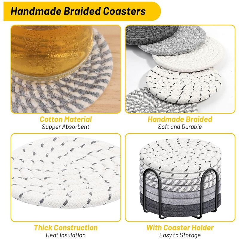Pink series 8 Piece Handmade Braided Cotton Coasters Set with Holder 4.3 Inch Round Absorbent Drink Coasters Heat Resistant Table Protection Cup Mats for Home Kitchen