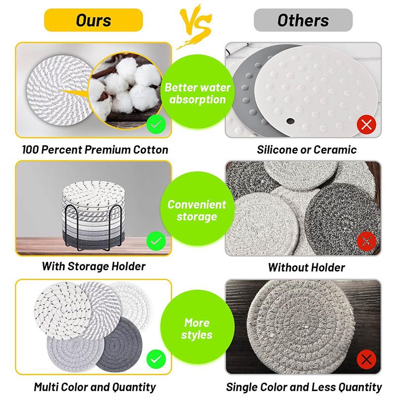 Brown series 8 Piece Handmade Braided Cotton Coasters Set with Holder 4.3 Inch Round Absorbent Drink Coasters Heat Resistant Table Protection Cup Mats for Home Kitchen