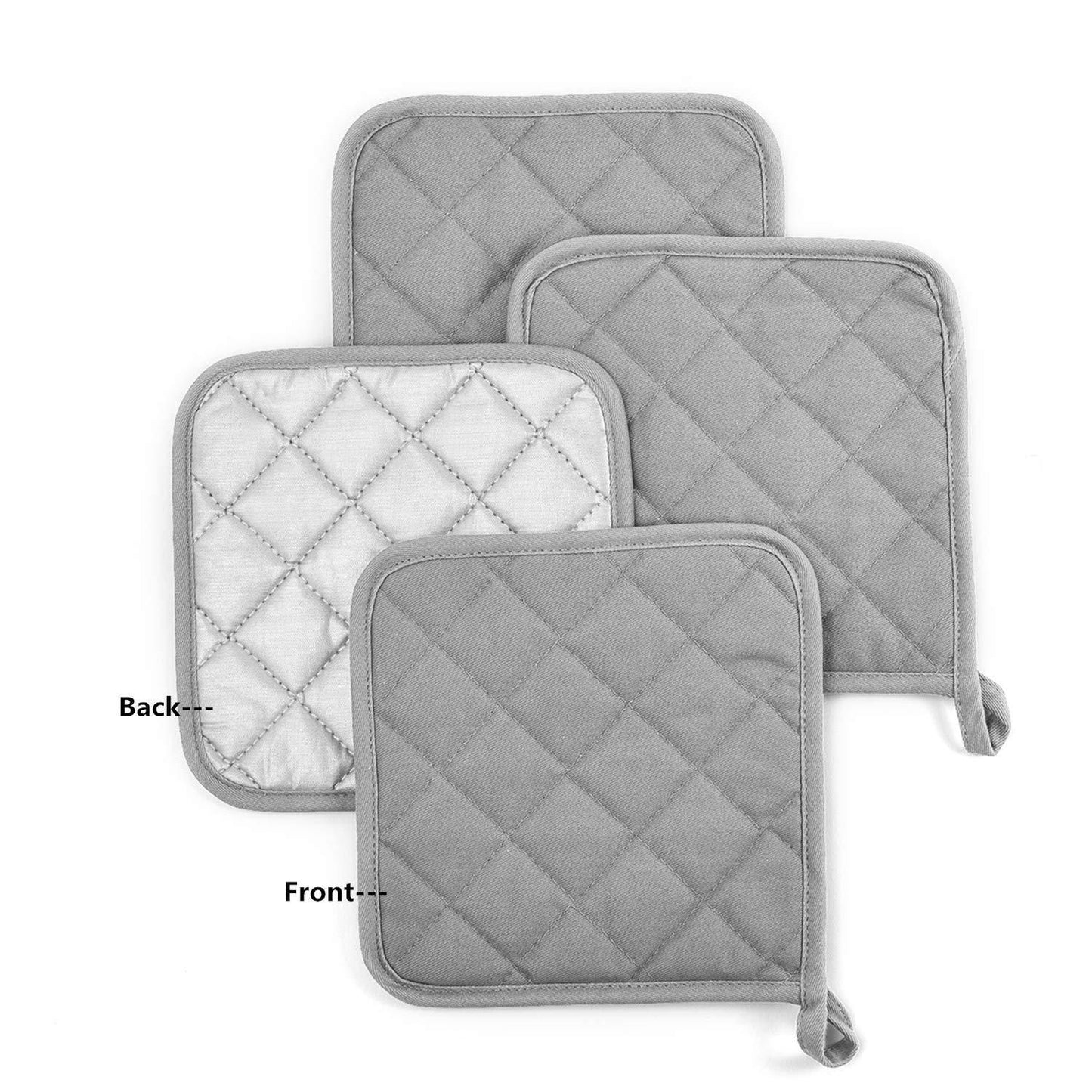 4 Pack Heat Resistant Pot Holders - Grey Cotton Silver Coated Quilted Kitchen Heat Pads Non Slip Oven Mats 18x18cm Baking Cooking Microwave Use Durable Thermal Protection
