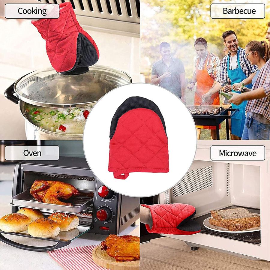 Red Heat Resistant Oven Mitts Set of 2 - Neoprene Cotton Insulated Kitchen Gloves, 500F Heat Protection, Non Slip Silicone Grip for Baking, Cooking, Microwave and Oven Use