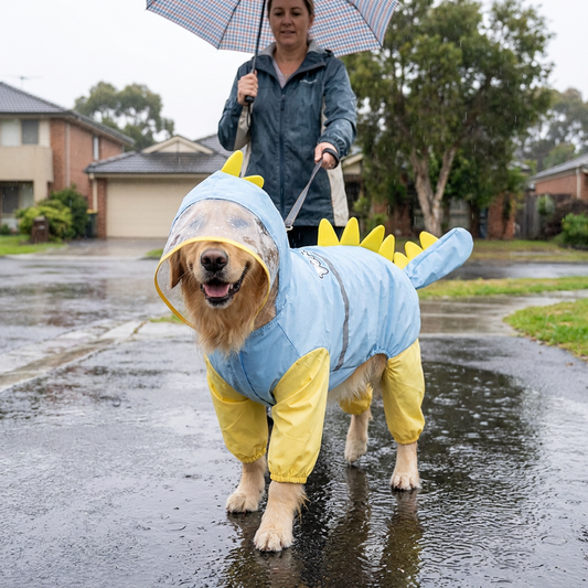 Blue Dog Raincoat Dinosaur Hooded Waterproof Jacket 4XL Size with Leash Hole Removable Tail Cover Full Body Coverage Pet Rain Coat for Outdoor Walking Large Dogs