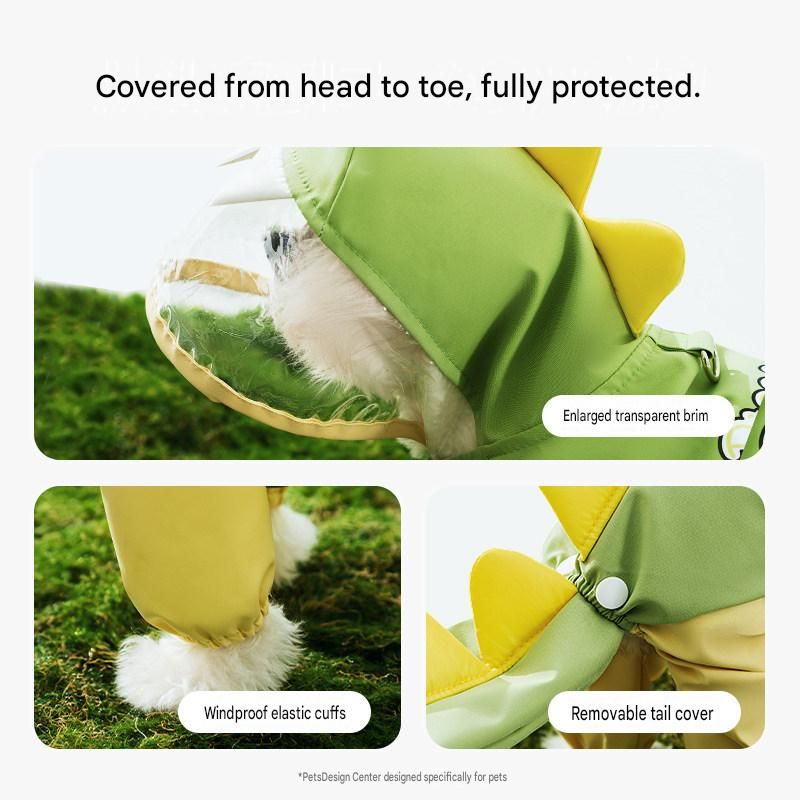 Green Dog Raincoat Dinosaur Hooded Waterproof Jacket 4XL Size with Leash Hole Removable Tail Cover Full Body Coverage Pet Rain Coat for Outdoor Walking Large Dogs