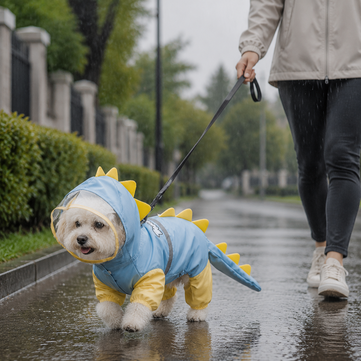 Blue Size L Waterproof Dinosaur Dog Raincoat with Harness Hole Full Body Pet Rain Jacket for Small Dogs Tail Cover Lightweight Outdoor Walking