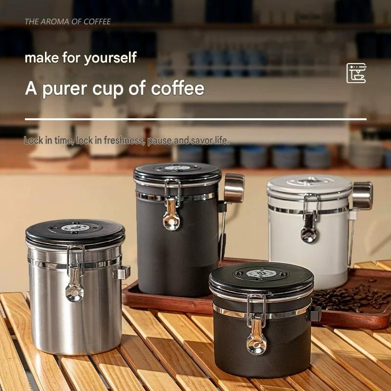 White 304 Stainless Steel Airtight Coffee Canister 1500ml Vacuum Seal Storage Jar with Date Tracker & Measuring Scoop for Coffee Beans Tea Storage