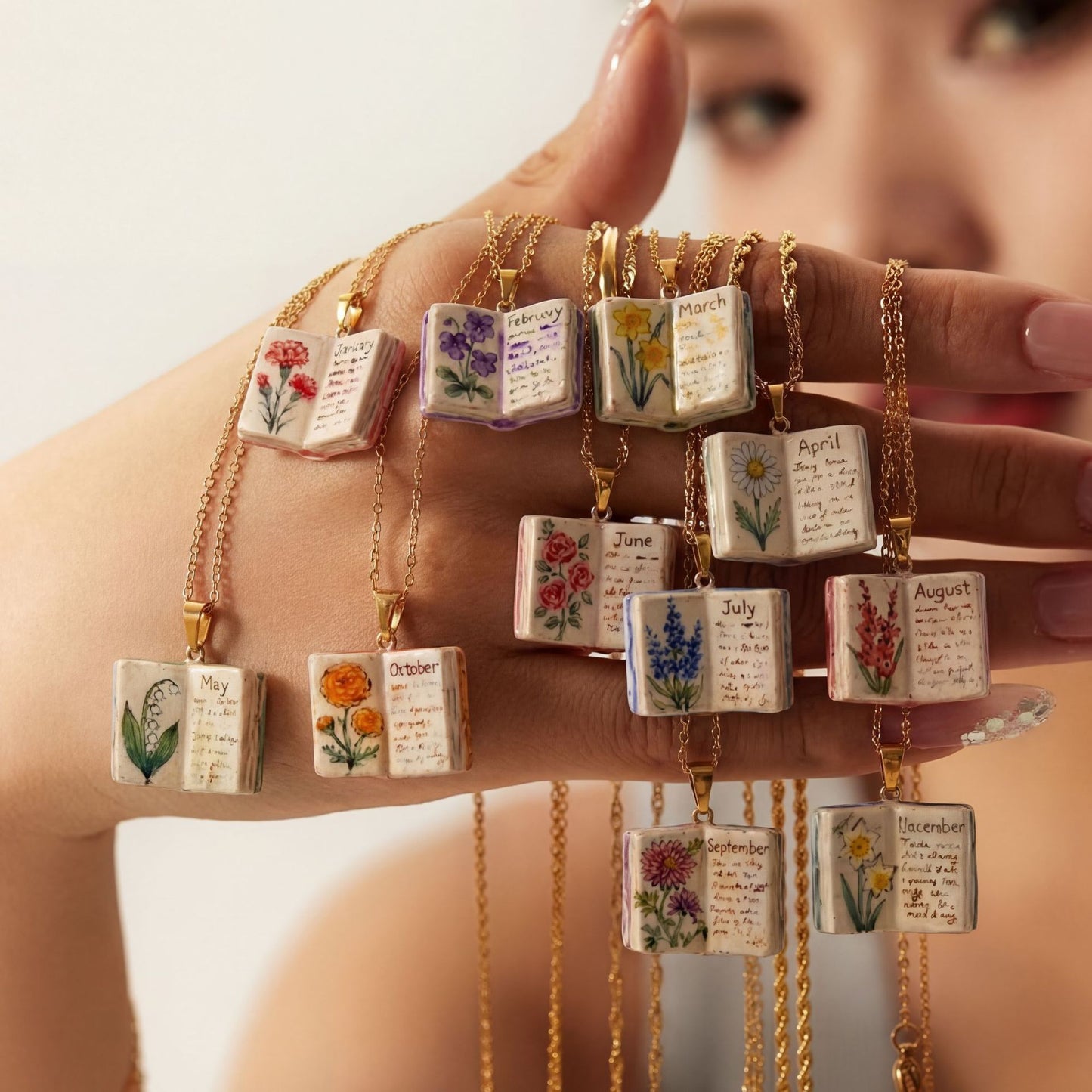 Vintage-style book necklace with October birthday flowers, a luxurious gold-plated bronze exquisite floral pendant gift