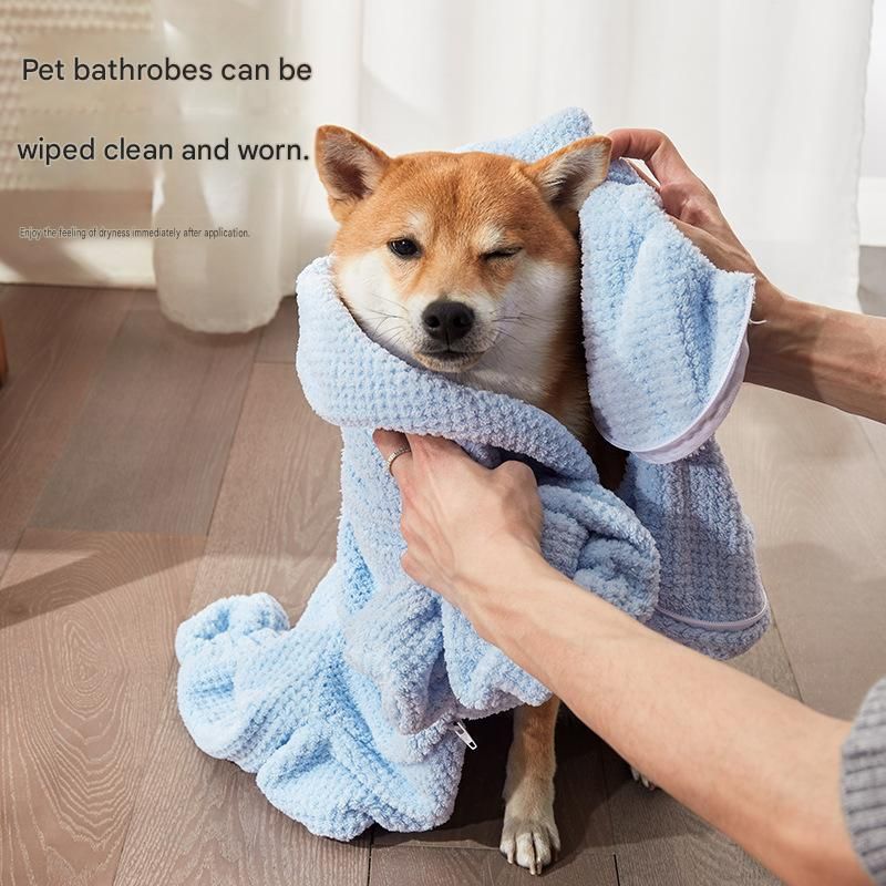 Pet Wearable Bathrobe Towel (Size S) - Quick-drying, absorbent full-body cover with hood and zipper, suitable for dog and cat grooming