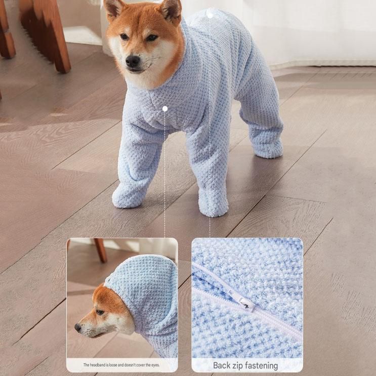 Pet Wearable Bathrobe Towel (Size S) - Quick-drying, absorbent full-body cover with hood and zipper, suitable for dog and cat grooming