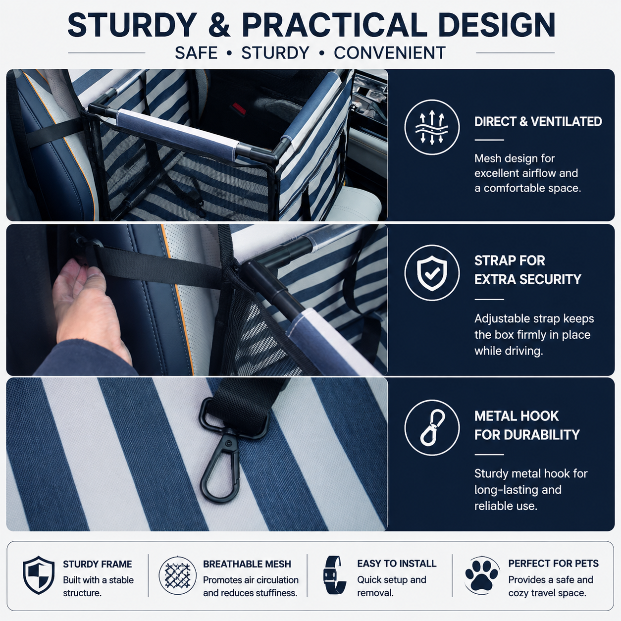 Pet Car Seat for Dogs and Cats Waterproof Mesh Booster Seat Carrier Bag - Striped Car Travel Pet Bed with Safety Strap Anti Slip Portable Pet Travel Carrier for Small Pets