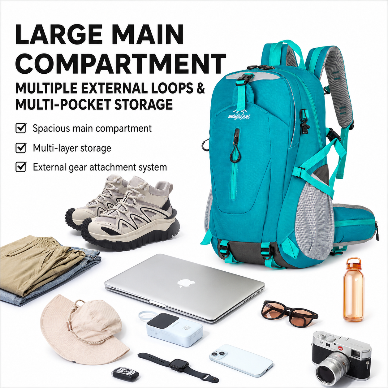 Black Hiking Backpack with 5 Carabiners Included – Lightweight Waterproof Outdoor Daypack for Men and Women, Breathable Cycling Hiking Trekking Camping Travel Backpack