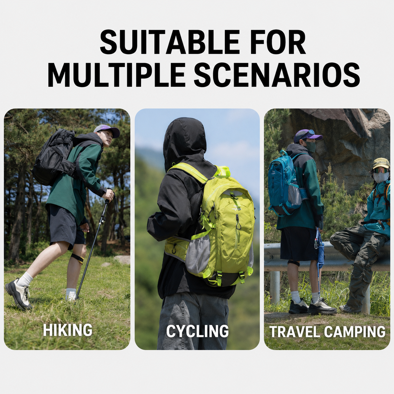 Fluorescent Green Hiking Backpack with 5 Carabiners Included – Lightweight Waterproof Outdoor Daypack for Men and Women, Breathable Cycling Hiking Trekking Camping Travel Backpack
