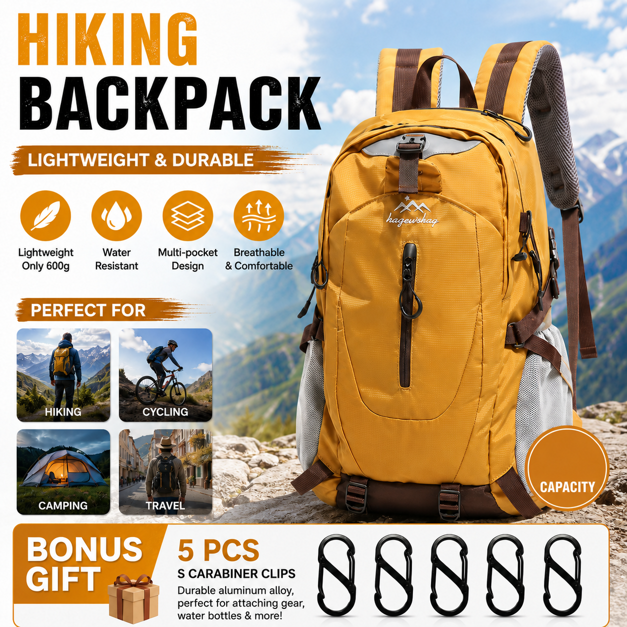 Yellow Hiking Backpack with 5 Carabiners Included – Lightweight Waterproof Outdoor Daypack for Men and Women, Breathable Cycling Hiking Trekking Camping Travel Backpack