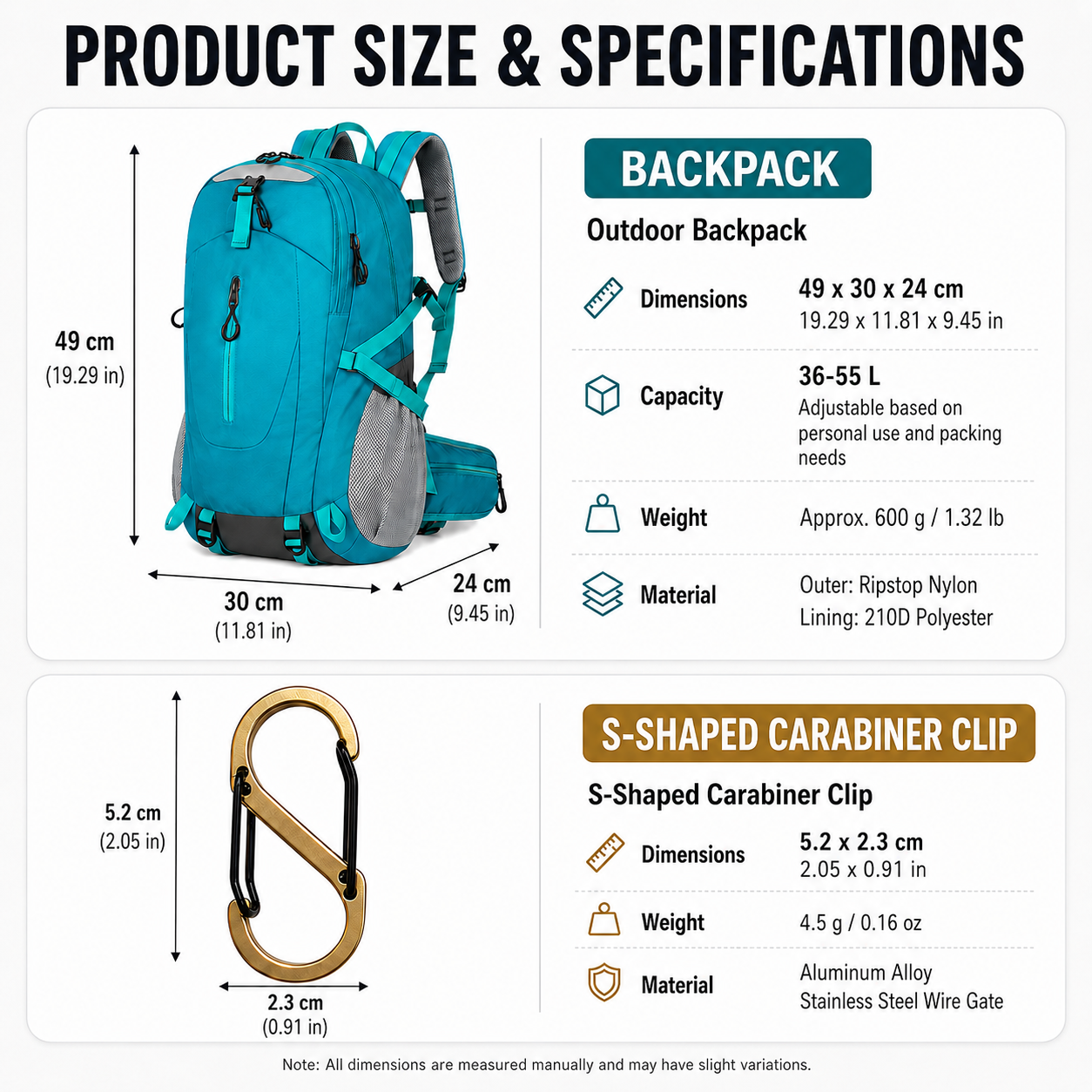 Yellow Hiking Backpack with 5 Carabiners Included – Lightweight Waterproof Outdoor Daypack for Men and Women, Breathable Cycling Hiking Trekking Camping Travel Backpack