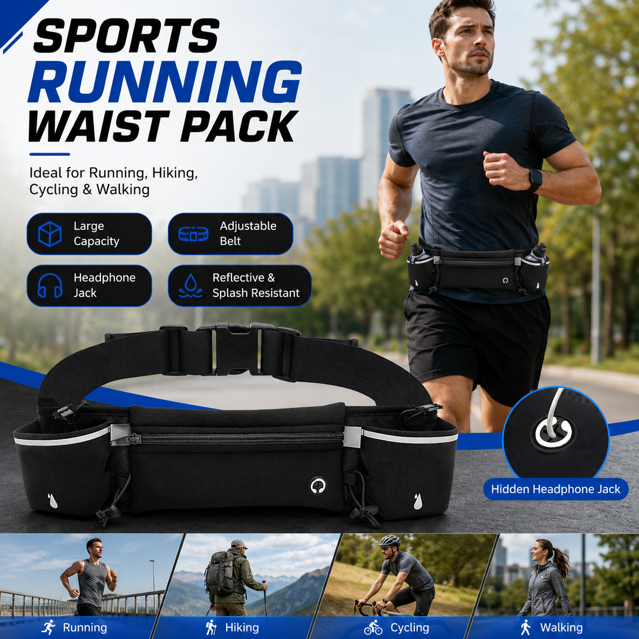 Black Running Waist Pack Sports Belt with Water Bottle Holder Adjustable Phone Waist Bag Reflective Lightweight Fanny Pack for Marathon Running Hiking Cycling Walking Fitness and Outdoor Activities