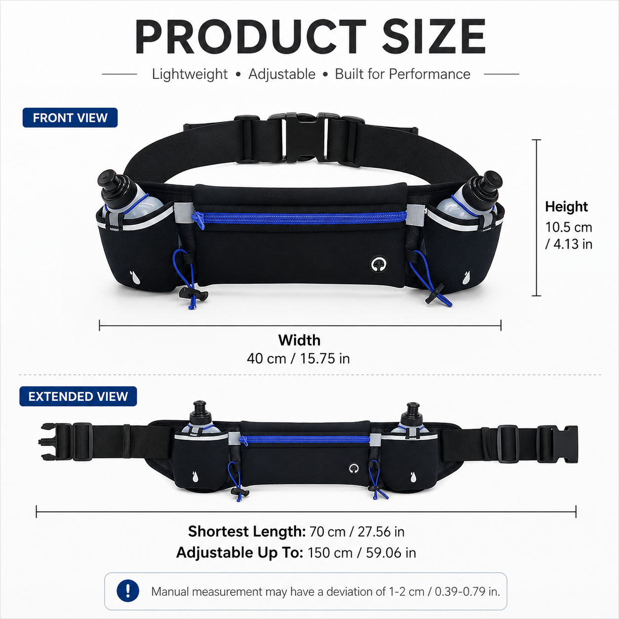 Black Running Waist Pack Sports Belt with Water Bottle Holder Adjustable Phone Waist Bag Reflective Lightweight Fanny Pack for Marathon Running Hiking Cycling Walking Fitness and Outdoor Activities