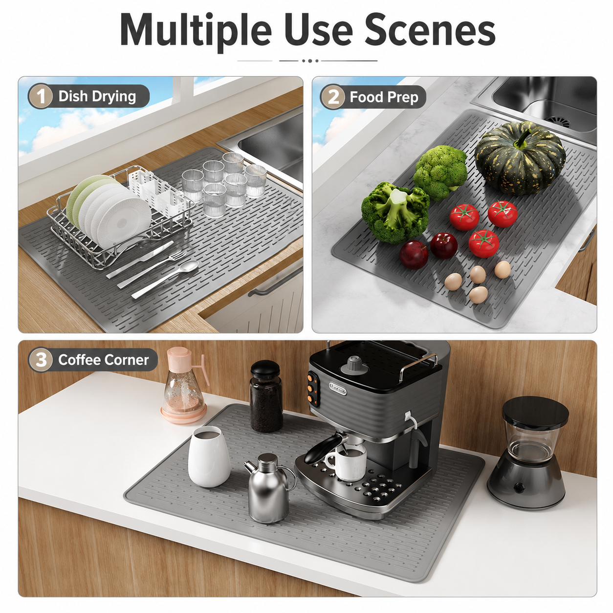 Grey Silicone Countertop Protector and Dish Drying Mat - Dishwasher Safe (71x50cm)