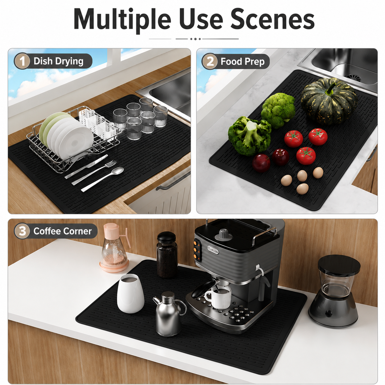 Black Extra Large Silicone Countertop Protector & Dish Drying Mat - Dishwasher Safe (71x50cm)