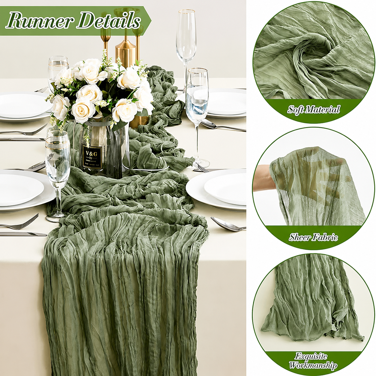 Table Runner - Grass Green 9.84ft Wrinkle Fabric Table Decor for Wedding, Party, Dessert Table and Event Decoration