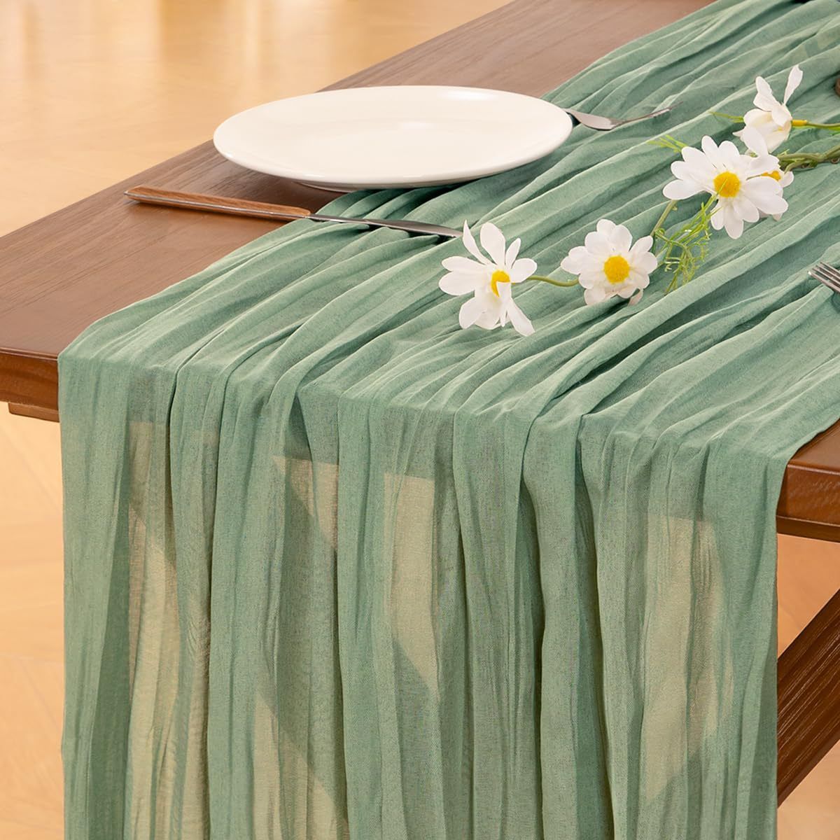 Table Runner -Grass Green 9.84ft Wrinkle Fabric Table Decor for Wedding, Party, Dessert Table and Event Decoration