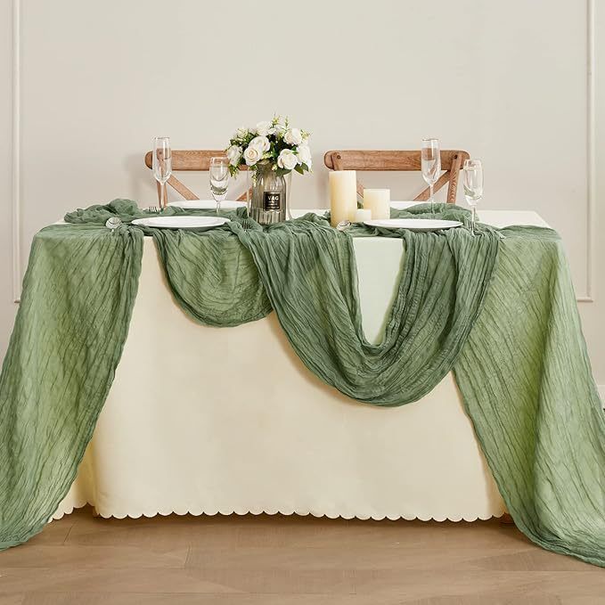Table Runner -Grass Green 9.84ft Wrinkle Fabric Table Decor for Wedding, Party, Dessert Table and Event Decoration