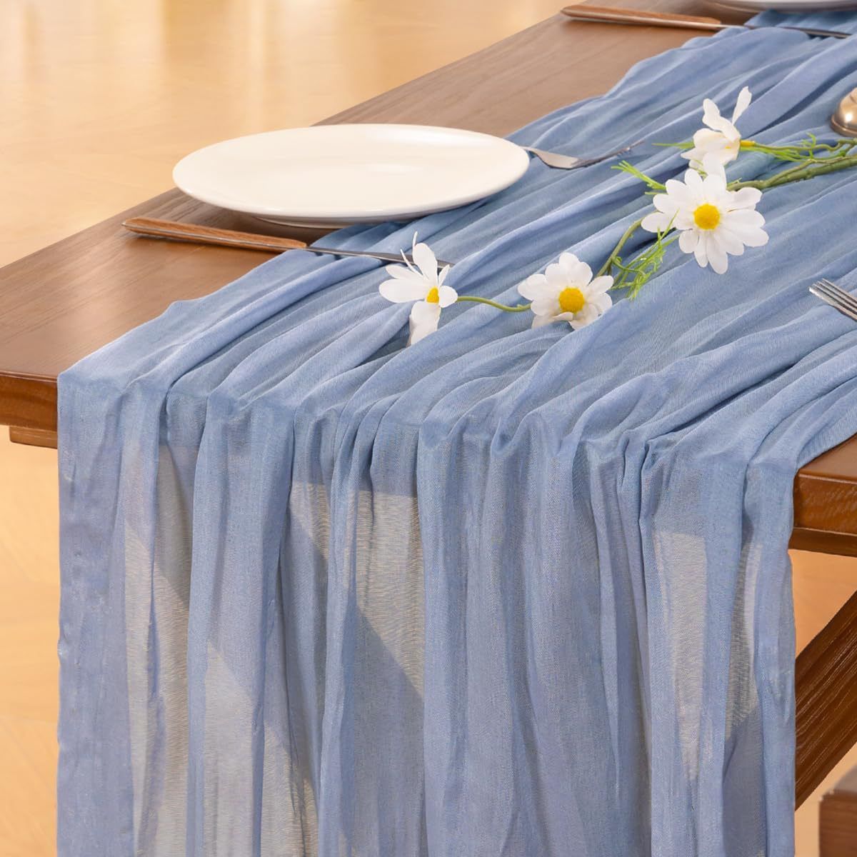 Table Runner - Light Blue 9.84ft Wrinkle Fabric Table Decor for Wedding, Party, Dessert Table and Event Decoration