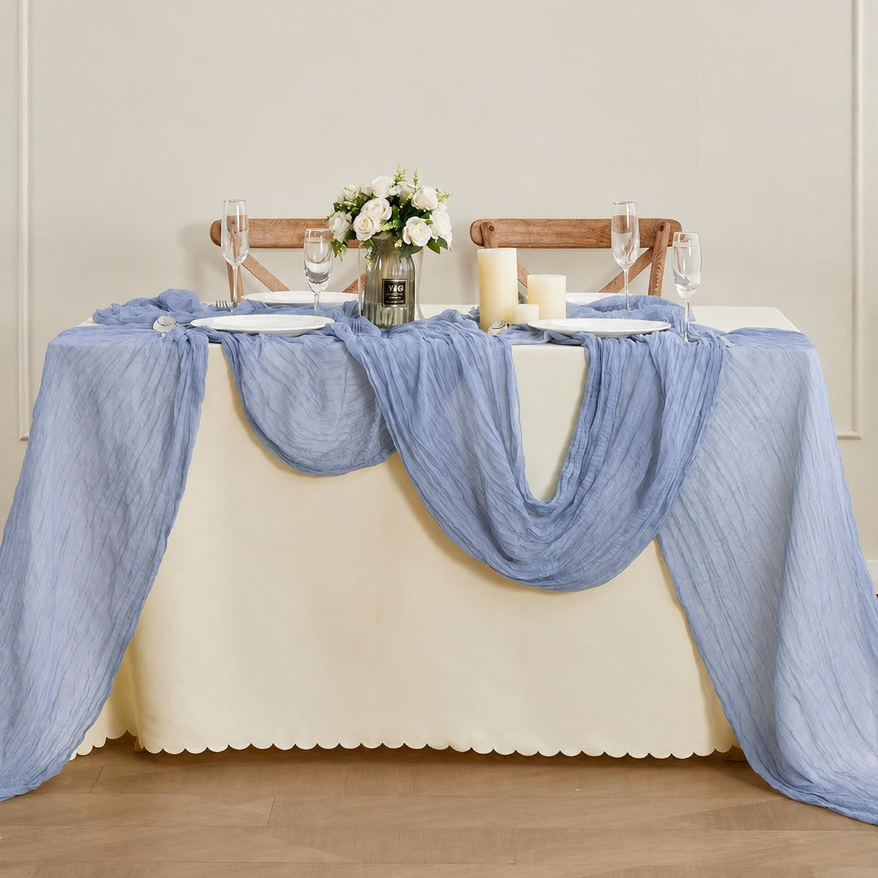 Table Runner - Light Blue 9.84ft Wrinkle Fabric Table Decor for Wedding, Party, Dessert Table and Event Decoration