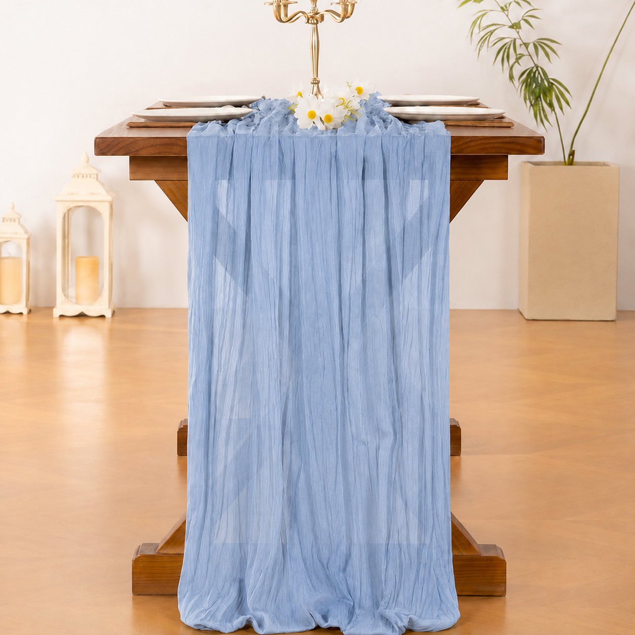 Table Runner - Light Blue 9.84ft Wrinkle Fabric Table Decor for Wedding, Party, Dessert Table and Event Decoration