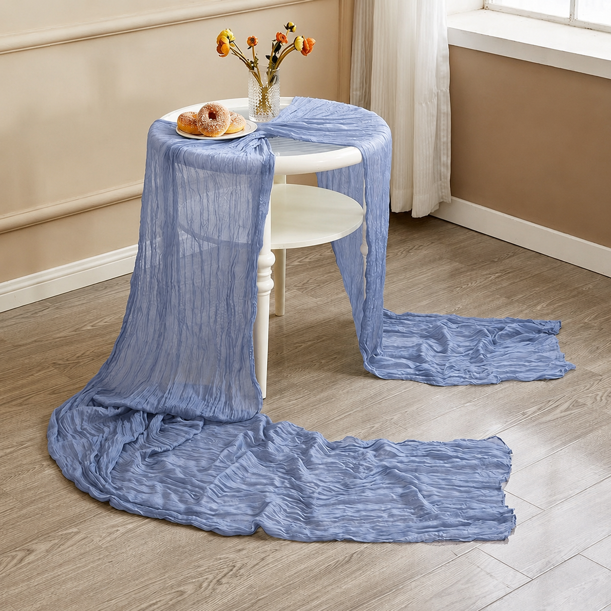 Table Runner - Light Blue 9.84ft Wrinkle Fabric Table Decor for Wedding, Party, Dessert Table and Event Decoration