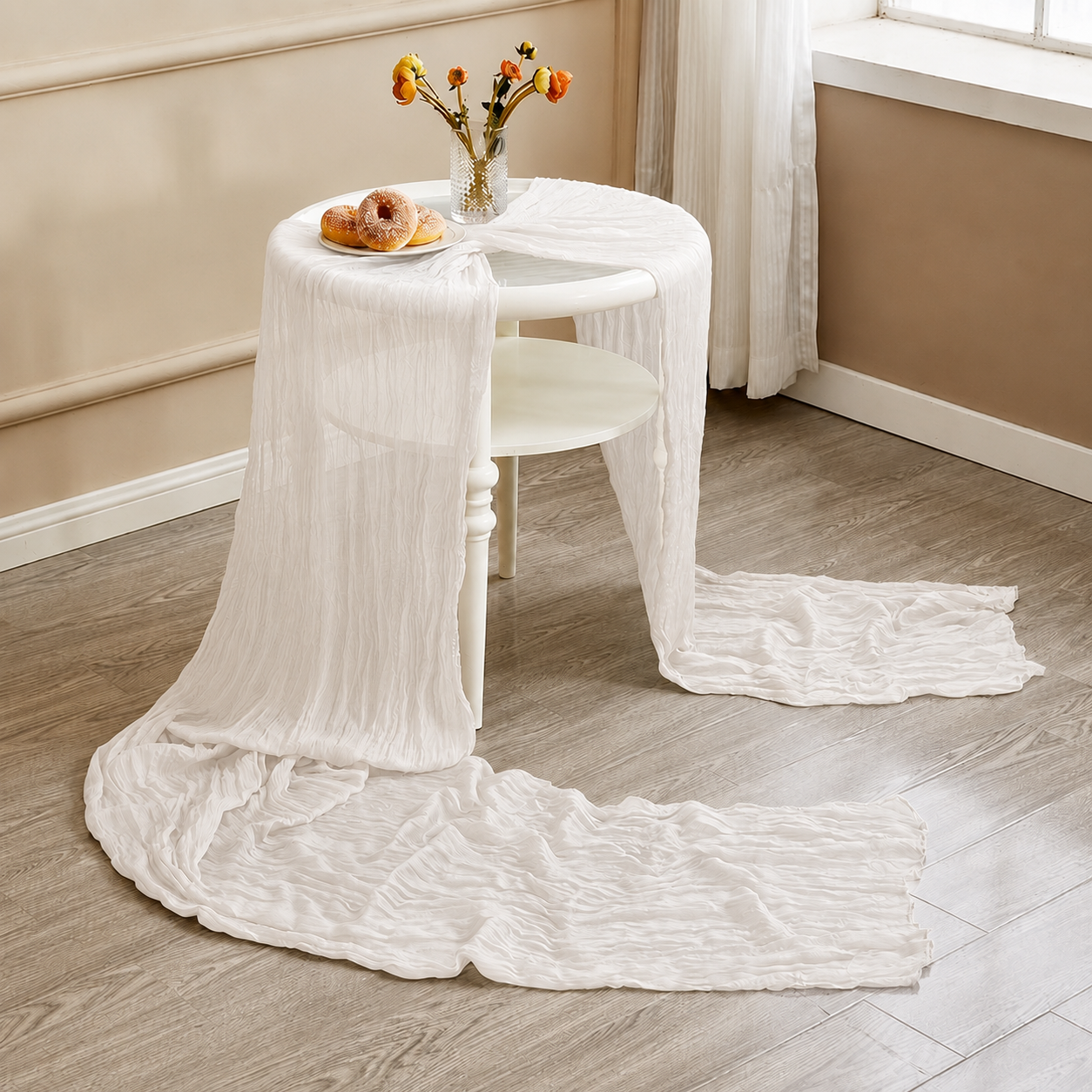 Table Runner - White 9.84ft Wrinkle Fabric Table Decor for Wedding, Party, Dessert Table and Event Decoration