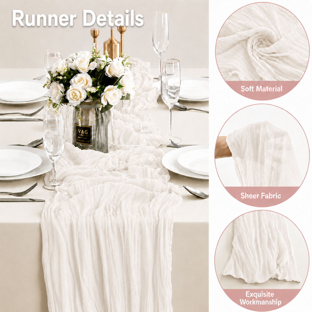 Table Runner - White 9.84ft Wrinkle Fabric Table Decor for Wedding, Party, Dessert Table and Event Decoration