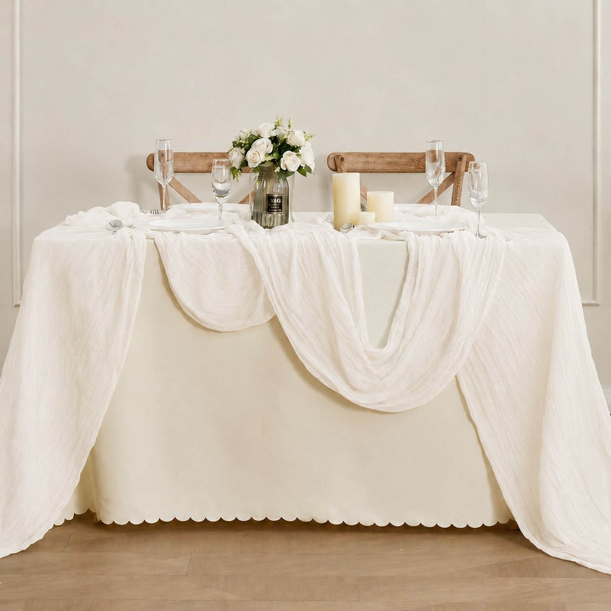 Table Runner - White 9.84ft Wrinkle Fabric Table Decor for Wedding, Party, Dessert Table and Event Decoration
