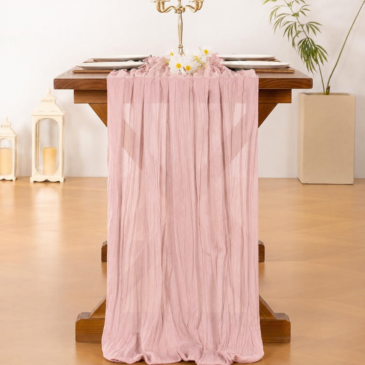 Table Runner - Pink 9.84ft Wrinkle Fabric Table Decor for Wedding, Party, Dessert Table and Event Decoration