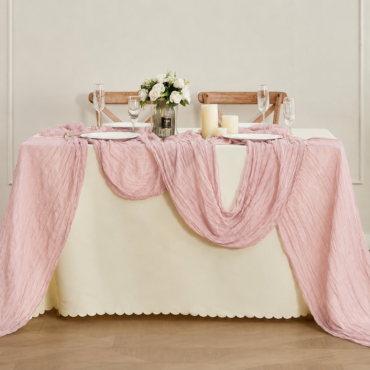 Table Runner - Pink 9.84ft Wrinkle Fabric Table Decor for Wedding, Party, Dessert Table and Event Decoration